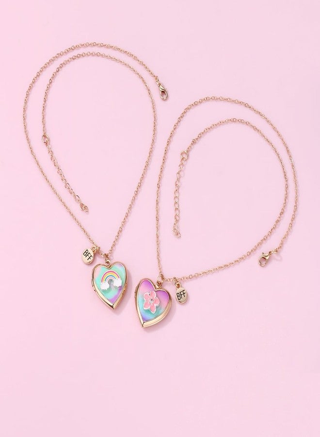 Cykdohy Rainbow Flower BFF Friendship Necklace Cute Heart Pendant Locket Picture Necklaces Set Of 2 Photo Secret Inside Storage Matching Birthday Graduation Jewelry Gifts for Sister Besties Daughter Best Friend Forever Women - Image 4